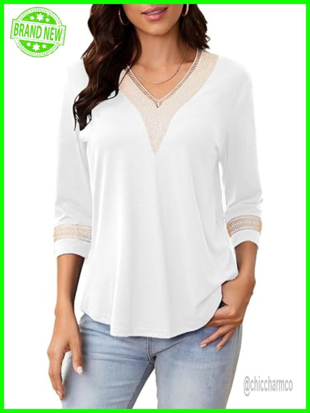 Women's 3/4 Sleeve Lace V Neck Blouse Loose Fit Dressy Tunic